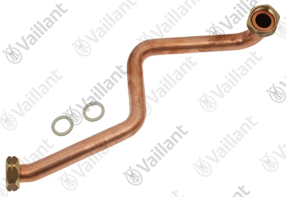 Kupferrohr mit einer gebogenen Form, angeschlossen an einem Fitting, begleitet von zwei Dichtungen. Produkt der Marke Vaillant.